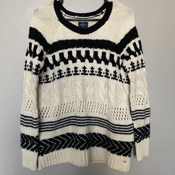 American EAGLE sweater Chunky cable knit wool blend crewneck Fisherman Small - Picture 1 of 10